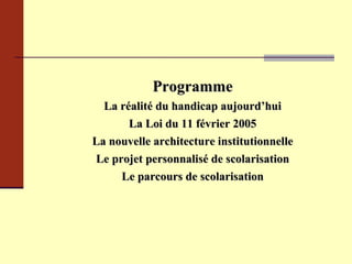 Programme La réalité du handicap aujourd’hui La Loi du 11 février 2005 La nouvelle architecture institutionnelle Le projet personnalisé de scolarisation Le parcours de scolarisation   