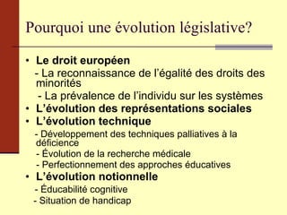 Pourquoi une évolution législative? Le droit européen  - La reconnaissance de l’égalité des droits des minorités - La prévalence de l’individu sur les systèmes L’évolution des représentations sociales L’évolution technique - Développement des techniques palliatives à la déficience - Évolution de la recherche médicale - Perfectionnement des approches éducatives L’évolution notionnelle - Éducabilité cognitive - Situation de handicap 