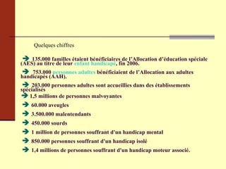      135.000 familles étaient bénéficiaires de l’Allocation d’éducation spéciale (AES) au titre de leur  enfant handicapé , fin 2006.      753.000  personnes adultes  bénéficiaient de l’Allocation aux adultes  handicapés (AAH).      203.000 personnes adultes sont accueillies dans des établissements spécialisés        1,5 millions de personnes malvoyantes      60.000 aveugles      3.500.000 malentendants       450.000 sourds      1 million de personnes souffrant d'un handicap mental      850.000 personnes souffrant d'un handicap isolé      1,4 millions de personnes souffrant d'un handicap moteur associé.  Quelques chiffres 