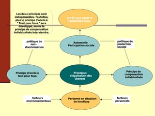 Les deux principes sont indispensables. Toutefois, plus le principe d’accès à “ Tout pour tous ” sera développé, moins le principe de compensation individualisée interviendra. ACCÈS AUX DROITS FONDAMENTAUX Autonomie Participation sociale Processus d’égalisation des chances Personne en situation de handicap Principe de compensation individualisée Principe d’accès à tout pour tous politique de protection sociale facteurs environnementaux politique de non- discrimination facteurs personnels 