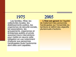 1975   2005 Les familles, l'État, les collectivités locales, les établissements publics, les organismes de sécurité sociale, les associations, les groupements, organismes et entreprises publics et privés associent leurs interventions pour mettre en œuvre cette obligation en vue notamment d'assurer aux personnes handicapées toute l'autonomie dont elles sont capables. L’Etat est garant  de l’égalité de traitement des personnes handicapées sur l’ensemble du territoire et définit des objectifs pluriannuels d’actions.  