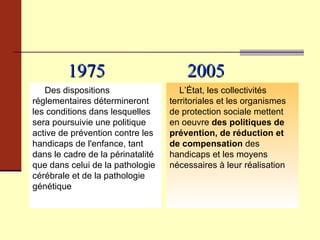 1975   2005 Des dispositions réglementaires détermineront les conditions dans lesquelles sera poursuivie une politique active de prévention contre les handicaps de l'enfance, tant dans le cadre de la périnatalité que dans celui de la pathologie cérébrale et de la pathologie génétique L’État, les collectivités territoriales et les organismes de protection sociale mettent en   oeuvre  des politiques de prévention, de réduction et de compensation  des handicaps et les moyens nécessaires à leur réalisation 