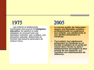 1975   2005 Les enfants et adolescents handicapés sont soumis à  l'obligation éducative . Ils satisfont à cette obligation en recevant soit une éducation ordinaire, soit, à défaut, une éducation spéciale, déterminée en fonction des besoins particuliers de chacun d’eux.   Le service public de   l’éducation assure une formation scolaire, professionnelle ou supérieure aux enfants, aux adolescents et aux adultes présentant un handicap. Tout enfant, tout adolescent présentant un handicap ou un trouble invalidant de la santé est inscrit dans l’école   ou dans l’ établissement secondaire le plus proche de son domicile,   qui constitue son établissement de référence. 