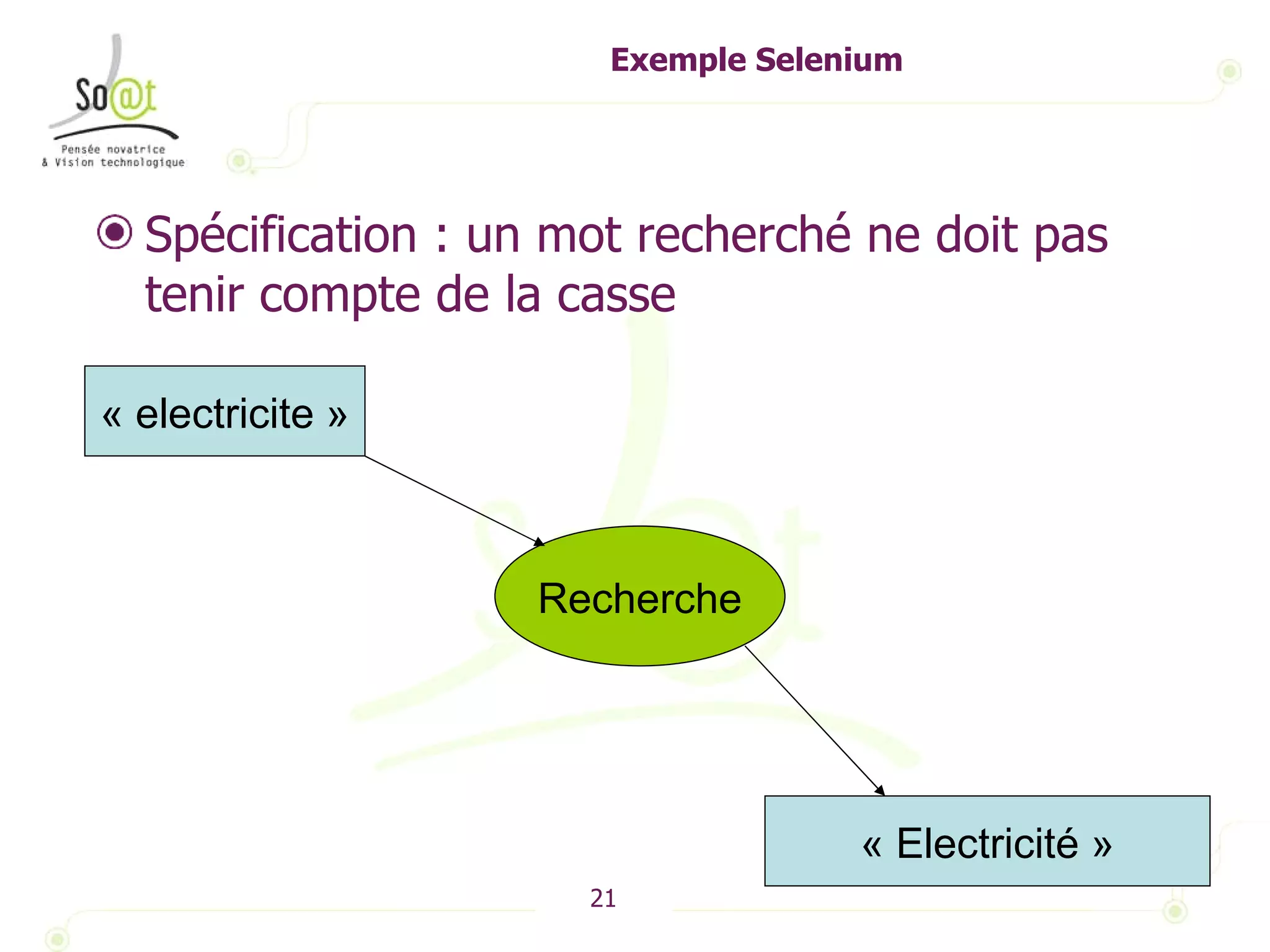 Exemple Selenium Spécification : un mot recherché ne doit pas tenir compte de la casse « electricite » Recherche « Electricité » 