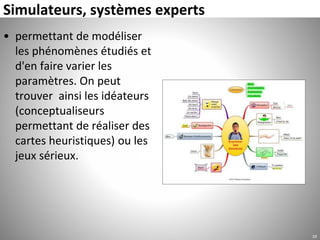 Simulateurs, systèmes experts
• permettant de modéliser
les phénomènes étudiés et
d'en faire varier les
paramètres. On peut
trouver ainsi les idéateurs
(conceptualiseurs
permettant de réaliser des
cartes heuristiques) ou les
jeux sérieux.
10
 