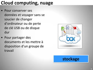 Cloud computing, nuage
• Pour conserver ses
données et voyager sans se
soucier de changer
d’ordinateur ou de perte
de clé USB ou de disque
dur
• Pour partager des
documents et les mettre à
disposition d’un groupe de
travail
22
stockage
 