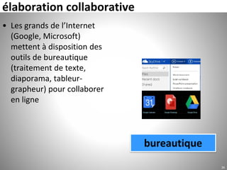 élaboration collaborative
• Les grands de l’Internet
(Google, Microsoft)
mettent à disposition des
outils de bureautique
(traitement de texte,
diaporama, tableur-
grapheur) pour collaborer
en ligne
26
bureautique
 