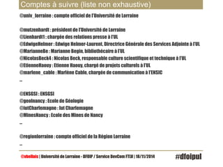 Comptes à suivre (liste non exhaustive) 
@univ_lorraine : compte officiel de l’Université de Lorraine 
@mutzenhardt : président de l’Université de Lorraine 
@Lienhardt1 : chargée des relations presse à l’UL 
@EdwigeHelmer : Edwige Helmer-Laurent, Directrice Générale des Services Adjointe à l’UL 
@MarianneBe : Marianne Begin, bibliothécaire à l’UL 
@NicolasBeck4 : Nicolas Beck, responsable culture scientifique et technique à l’UL 
@EtienneHaouy : Etienne Haouy, chargé de projets culturels à l’UL 
@marlene_cable : Marlène Cable, chargée de communication à l’ENSIC 
… 
@ENSGSI : ENSGSI 
@geolnancy : Ecole de Géologie 
@iutCharlemagne : Iut Charlemagne 
@MinesNancy : Ecole des Mines de Nancy 
… 
@regionlorraine : compte officiel de la Région Lorraine 
… 
@vbellais | Université de Lorraine - DFOIP / Service DevCom FTLV | 18/11/2014 #dfoipul 
 