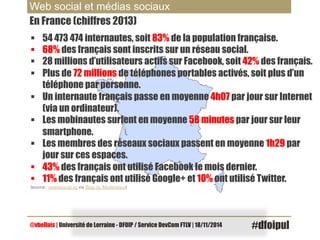 Web social et médias sociaux 
En France (chiffres 2013) 
§ 54 473 474 internautes, soit 83% de la population française. 
§ 68% des français sont inscrits sur un réseau social. 
§ 28 millions d’utilisateurs actifs sur Facebook, soit 42% des français. 
§ Plus de 72 millions de téléphones portables activés, soit plus d’un 
téléphone par personne. 
§ Un internaute français passe en moyenne 4h07 par jour sur Internet 
(via un ordinateur). 
§ Les mobinautes surfent en moyenne 58 minutes par jour sur leur 
smartphone. 
§ Les membres des réseaux sociaux passent en moyenne 1h29 par 
jour sur ces espaces. 
§ 43% des français ont utilisé Facebook le mois dernier. 
§ 11% des français ont utilisé Google+ et 10% ont utilisé Twitter. 
(source : wearesocial.sg via Blog du Modérateur) 
@vbellais | Université de Lorraine - DFOIP / Service DevCom FTLV | 18/11/2014 #dfoipul 
 