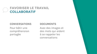 CONVERSATIONS
Pour bâtir une
compréhension
partagée
FAVORISER LE TRAVAIL
COLLABORATIF
DOCUMENTS
Avec des images et
des mots qui aident
à se rappeler les
conversations
 