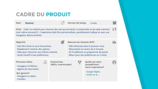 CADRE DU PRODUIT
Nom Horizon de temps
Pitch
Objectifs Mesures de réussite (KPI)
Personas cibles Contraintes
(défis, incertitudes)
Quelle est votre
compétition?
Votre inspiration?
Qui ignorer?
 