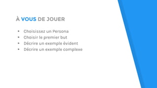 À VOUS DE JOUER
▸ Choisissez un Persona
▸ Choisir le premier but
▸ Décrire un exemple évident
▸ Décrire un exemple complexe
 