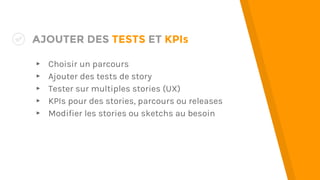 AJOUTER DES TESTS ET KPIs
▸ Choisir un parcours
▸ Ajouter des tests de story
▸ Tester sur multiples stories (UX)
▸ KPIs pour des stories, parcours ou releases
▸ Modifier les stories ou sketchs au besoin
 