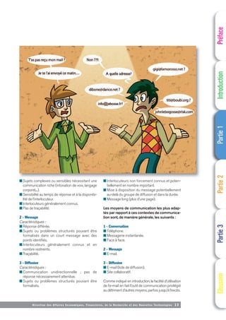 Directi on des Affaires Economiques, Financières, de la Recherche et des Nouvelles Technologies 13
■ Sujets complexes ou sensibles nécessitant une
communication riche (intonation de voix, langage
corporel,...).
■ Sensibilité au temps de réponse et à la disponibi-
lité de l’interlocuteur.
■ Interlocuteurs généralement connus.
■ Pas de traçabilité.
2 - Message
Caractéristiques :
■ Réponse différée.
■ Sujets ou problèmes structurés pouvant être
formalisés dans un court message avec des
points identifiés.
■ Interlocuteurs généralement connus et en
nombre restreints.
■ Traçabilité.
3 - Diffusion
Caractéristiques :
■ Communication unidirectionnelle ; pas de
réponse nécessairement attendue.
■ Sujets ou problèmes structurés pouvant être
formalisés.
■ Interlocuteurs non forcement connus et poten-
tiellement en nombre important.
■ Mise à disposition du message potentiellement
au-delà du groupe de diffusion et dans la durée.
■ Message long (plus d’une page).
Les moyens de communication les plus adap-
tés par rapport à ces contextes de communica-
tion sont, de manière générale, les suivants :
1 - Conversation
■ Téléphone.
■ Messagerie instantanée.
■ Face à face.
2 - Message
■ E-mail.
3 - Diffusion
■ E-mail (liste de diffusion).
■ Site collaboratif.
Comme indiqué en introduction, la facilité d’utilisation
de l’e-mail en fait l’outil de communication privilégié
au détriment d’autres moyens, parfois jusqu’à l’excès.
Préface
Introduction
Partie
1
Partie
2
Partie
3
Glossaire
 