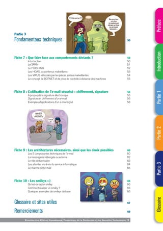 Direction des Affaires Economiques, Financières, de la Recherche et des Nouvelles Technologies 5
Partie 3
Fondamentaux techniques 50
Fiche 7 : Que faire face aux comportements déviants ? 50
Introduction 50
Le SPAM 51
Le PHISHING 52
Les HOAX, ou contenus malveillants 53
Les VIRUS véhiculés par les pièces jointes malveillantes 54
Le concept de BOTNET et de prise de contrôle à distance des machines 55
Fiche 8 : L’utilisation de l’e-mail sécurisé : chiffrement, signature 56
À propos de la signature électronique 56
Signature et chiffrement d’un e-mail 56
Exemples d’applications d’un e-mail signé 58
Fiche 9 : Les architectures nécessaires, ainsi que les choix possibles 60
Les 5 composantes techniques de l’e-mail 60
La messagerie hébergée ou externe 62
Le rôle de l’annuaire 63
Les attentes vis-à-vis du service informatique 64
Le marché de l’e-mail 65
Fiche 10 : Les smileys :-) 66
Qu’est-ce qu’un smiley 66
Comment réaliser un smiley ? 66
Quelques exemples de smileys de base 66
Glossaire et sites utiles 67
Remerciements 69
Préface
Introduction
Partie
1
Partie
2
Partie
3
Glossaire
 