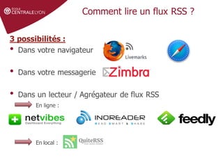 Définir le sujet
Stratégie de
recherche et veille
Gérer et partager
ses références
Droit d'auteur et
citations
Comment lire un flux RSS ?
3 possibilités :
• Dans votre navigateur
• Dans votre messagerie
• Dans un lecteur / Agrégateur de flux RSS
En ligne :
En local :
 