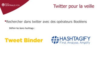 •Rechercher dans twitter avec des opérateurs Booléens
Définir les bons hashtags :
 