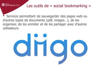 Définir le sujet
Stratégie de
recherche et veille
Gérer et partager
ses références
Droit d'auteur et
citations
Les outils de « social bookmarking »
• Services permettant de sauvegarder des pages web ou
d’autres types de documents (pdf, images…), de les
organiser, de les annoter et de les partager avec d’autres
utilisateurs
 