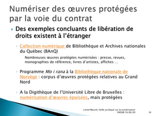 Relance le débat sur le rôle des exceptions (en faveur des bibliothèques, des usages pédagogiques et de recherche, des handicapés), sur les œuvres orphelines …