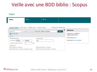 MOS 4.4 Veille Techno - Bibliothèque Janvier 2015 82
Veille avec une BDD biblio : Scopus
82
 