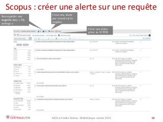 MOS 4.4 Veille Techno - Bibliothèque Janvier 2015 86
Scopus : créer une alerte sur une requête
86
Sauvegarder une
requête dans « My
settings »
Créer une alerte
par e-mail sur la
requête
Créer une alerte
grâce au fil RSS
 