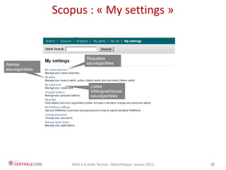 Scopus : « My settings »


                          Requêtes
Alertes                   sauvegardées
sauvegardées



                             Listes
                             bibliographiques
                             sauvegardées




                  MOS 4.4 Veille Techno - Bibliothèque Janvier 2012   72   72
 