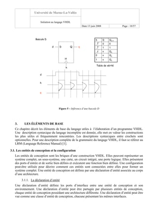 Université de Marne-La-Vallée
Initiation au langage VHDL
Date:13 juin 2008 Page : 10/57
D Q
h
q
d
h
q
d
Bascule D
Qnx0
Qnx1
Qnx
11
00
Qn+1Dh
H
Table de vérité
Figure 5 – Inférence d’une bascule D
3. LES ÉLÉMENTS DE BASE
Ce chapitre décrit les éléments de base du langage utiles à l’élaboration d’un programme VHDL.
Une description syntaxique du langage incomplète est donnée, elle met en valeur les constructions
les plus utiles et fréquemment rencontrées. Les descriptions syntaxiques entre crochets sont
optionnelles. Pour une description complète de la grammaire du langage VHDL, il faut se référer au
LRM (Language Reference Manual) [1].
3.1. Les entités de conception et la configuration
Les entités de conception sont les briques d’une construction VHDL. Elles peuvent représenter un
système complet, un sous-système, une carte, un circuit intégré, une porte logique. Elles présentent
des ports d’entrée et de sortie bien définis et exécutent une fonction bien définie. Une configuration
peut-être utilisée pour décrire comment ces entités sont connectées entre elles pour former un
système complet. Une entité de conception est définie par une déclaration d’entité associée au corps
d’une architecture.
3.1.1. La déclaration d’entité
Une déclaration d’entité définie les ports d’interface entre une entité de conception et son
environnement. Une déclaration d’entité peut être partagée par plusieurs entités de conception,
chaque entité de conception possédant une architecture différente. Une déclaration d’entité peut être
vue comme une classe d’entité de conception, chacune présentant les mêmes interfaces.
 