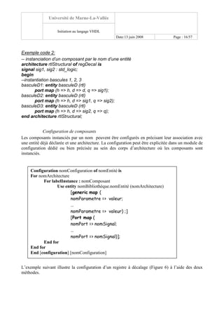 Université de Marne-La-Vallée
Initiation au langage VHDL
Date:13 juin 2008 Page : 16/57
Exemple code 2:
-- instanciation d’un composant par le nom d’une entité
architecture rtlStructural of regDecal is
signal sig1, sig2 : std_logic;
begin
--instantiation bascules 1, 2, 3
basculeD1: entity basculeD (rtl)
port map (h => h, d => d, q => sig1);
basculeD2: entity basculeD (rtl)
port map (h => h, d => sig1, q => sig2);
basculeD3: entity basculeD (rtl)
port map (h => h, d => sig2, q => q);
end architecture rtlStructural;
Configuration de composants
Les composants instanciés par un nom peuvent être configurés en précisant leur association avec
une entité déjà déclarée et une architecture. La configuration peut être explicitée dans un module de
configuration dédié ou bien précisée au sein des corps d’architecture où les composants sont
instanciés.
L’exemple suivant illustre la configuration d’un registre à décalage (Figure 6) à l’aide des deux
méthodes.
Configuration nomConfiguration of nomEntité is
For nomArchitecture
For labelInstance : nomComposant
Use entity nomBibliothéque.nomEntité (nomArchitecture)
[generic map (
nomParametre => valeur;
…
nomParametre => valeur) ;]
[Port map (
nomPort => nomSignal;
…
nomPort => nomSignal)];
End for
End for
End [configuration] [nomConfiguration]
 