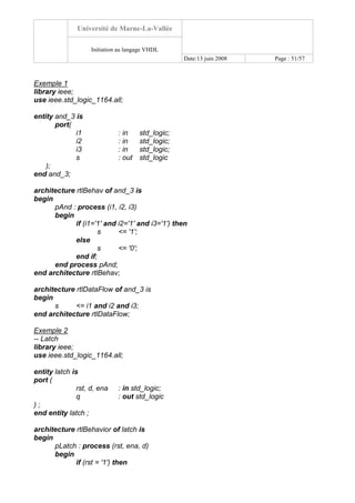 Université de Marne-La-Vallée
Initiation au langage VHDL
Date:13 juin 2008 Page : 51/57
Exemple 1
library ieee;
use ieee.std_logic_1164.all;
entity and_3 is
port(
i1 : in std_logic;
i2 : in std_logic;
i3 : in std_logic;
s : out std_logic
);
end and_3;
architecture rtlBehav of and_3 is
begin
pAnd : process (i1, i2, i3)
begin
if (i1='1' and i2='1' and i3='1') then
s <= '1';
else
s <= '0';
end if;
end process pAnd;
end architecture rtlBehav;
architecture rtlDataFlow of and_3 is
begin
s <= i1 and i2 and i3;
end architecture rtlDataFlow;
Exemple 2
-- Latch
library ieee;
use ieee.std_logic_1164.all;
entity latch is
port (
rst, d, ena : in std_logic;
q : out std_logic
) ;
end entity latch ;
architecture rtlBehavior of latch is
begin
pLatch : process (rst, ena, d)
begin
if (rst = '1') then
 