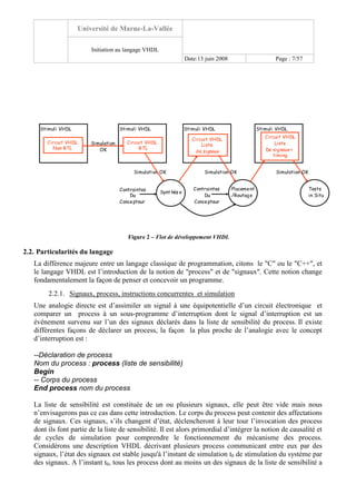 Université de Marne-La-Vallée
Initiation au langage VHDL
Date:13 juin 2008 Page : 7/57
Stimuli VHDL
Circuit VHDL
Non RTL
Simulation OK
Stimuli VHDL
Circuit VHDL
RTL
Stimuli VHDL
Circuit VHDL
Liste
de signaux
Stimuli VHDL
Circuit VHDL
Liste
De signaux+
timing
Synt hès e
Placement
/Routage
Simulation OK
Simulation
OK
Simulation OK
Tests
in Situ
Contraintes
Du
Concepteur
Contraintes
Du
Concepteur
Figure 2 – Flot de développement VHDL
2.2. Particularités du langage
La différence majeure entre un langage classique de programmation, citons le "C" ou le "C++", et
le langage VHDL est l’introduction de la notion de "process" et de "signaux". Cette notion change
fondamentalement la façon de penser et concevoir un programme.
2.2.1. Signaux, process, instructions concurrentes et simulation
Une analogie directe est d’assimiler un signal à une équipotentielle d’un circuit électronique et
comparer un process à un sous-programme d’interruption dont le signal d’interruption est un
événement survenu sur l’un des signaux déclarés dans la liste de sensibilité du process. Il existe
différentes façons de déclarer un process, la façon la plus proche de l’analogie avec le concept
d’interruption est :
--Déclaration de process
Nom du process : process (liste de sensibilité)
Begin
-- Corps du process
End process nom du process
La liste de sensibilité est constituée de un ou plusieurs signaux, elle peut être vide mais nous
n’envisagerons pas ce cas dans cette introduction. Le corps du process peut contenir des affectations
de signaux. Ces signaux, s’ils changent d’état, déclencheront à leur tour l’invocation des process
dont ils font partie de la liste de sensibilité. Il est alors primordial d’intégrer la notion de causalité et
de cycles de simulation pour comprendre le fonctionnement du mécanisme des process.
Considérons une description VHDL décrivant plusieurs process communicant entre eux par des
signaux, l’état des signaux est stable jusqu'à l’instant de simulation t0 de stimulation du système par
des signaux. A l’instant t0, tous les process dont au moins un des signaux de la liste de sensibilité a
 