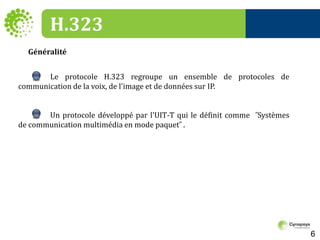 H.323Généralité  	Le protocole H.323 regroupe un ensemble de protocoles de communication de la voix, de l'image et de données sur IP.                   Un protocole développé par l'UIT-T qui le définit comme  ˝Systèmes de communication multimédia en mode paquet˝ .6