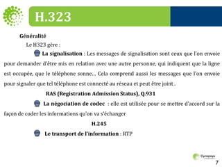 H.323Généralité  	Le H323 gère :                              La signalisation : Les messages de signalisation sont ceux que l’on envoie pour demander d’être mis en relation avec une autre personne, qui indiquent que la ligne est occupée, que le téléphone sonne… Cela comprend aussi les messages que l’on envoie pour signaler que tel téléphone est connecté au réseau et peut être joint .RAS (Registration Admission Status), Q.931La négociation de codec  : elle est utilisée pour se mettre d’accord sur la façon de coder les informations qu’on va s’échanger H.245Le transport de l’information : RTP7
