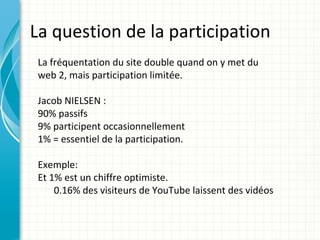 La question de la participation
 La fréquentation du site double quand on y met du
 web 2, mais participation limitée.

 Jacob NIELSEN :
 90% passifs
 9% participent occasionnellement
 1% = essentiel de la participation.

 Exemple:
 Et 1% est un chiffre optimiste.
     0.16% des visiteurs de YouTube laissent des vidéos
 