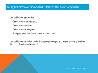POURQUOI DEVEZ-VOUS SAVOIR UTILISER LES TABLEAUX DANS WORD
Les tableaux servent à:
- Créer des listes de prix,
- Créer des horaires,
- Créer des catalogues.
- À aligner des éléments dans un document.
Les tableaux sont des outils indispensables pour une personne qui utilise
Word professionnellement !
C R É E P A R : M A H D I A L I B I
 