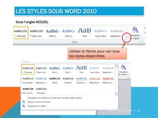 Sous l’onglet ACCUEIL
LES STYLES SOUS WORD 2010
Utiliser le flèche pour voir tous
les styles disponibles
C R É E P A R : M A H D I A L I B I
 