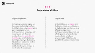 Propriétaire VS Libre
Logiciel propriétaire Logiciel libre
Un logiciel libre est un logiciel dont
l'utilisation, l'étude, la modification et
la duplication par autrui en vue de sa
diffusion sont permises,
techniquement et juridiquement, ceci
afin de garantir certaines libertés
induites, dont le contrôle du
programme par l'utilisateur et la
possibilité de partage entre individus
Un logiciel propriétaire, logiciel non
libre ou parfois logiciel privatif voire
logiciel privateur, est un logiciel qui ne
permet pas légalement ou
techniquement, ou par quelque autre
moyen que ce soit, d'exercer
simultanément les quatre libertés
logicielles que sont l'exécution du
logiciel pour tout type d'utilisation,
l'étude de son code source (et donc
l'accès à ce code source), la
distribution de copies, ainsi que la
modification du code source.
 