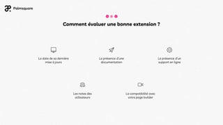 Comment évaluer une bonne extension ?
La compatibilité avec
votre page builder
Les notes des
utilisateurs
La date de sa dernière
mise à jours
La présence d’une
documentation
La présence d’un
support en ligne
 