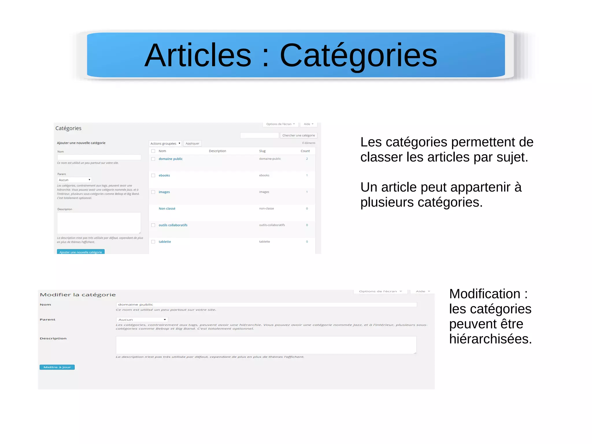 Articles : Catégories 
Les catégories permettent de 
classer les articles par sujet. 
Un article peut appartenir à 
plusieurs catégories. 
Modification : 
les catégories 
peuvent être 
hiérarchisées. 
 