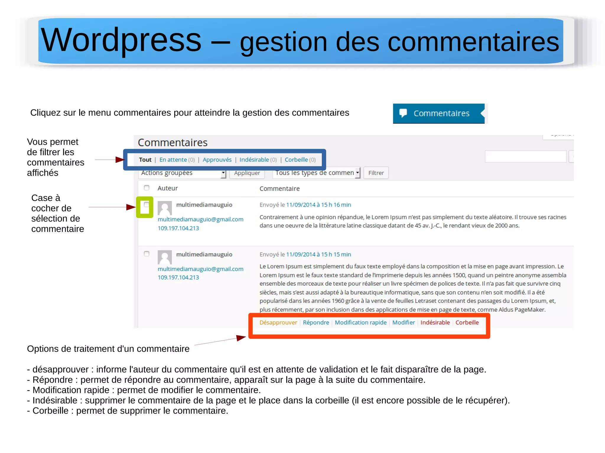 Wordpress – gestion des commentaires 
Cliquez sur le menu commentaires pour atteindre la gestion des commentaires 
Vous permet 
de filtrer les 
commentaires 
affichés 
Case à 
cocher de 
sélection de 
commentaire 
Options de traitement d'un commentaire 
- désapprouver : informe l'auteur du commentaire qu'il est en attente de validation et le fait disparaître de la page. 
- Répondre : permet de répondre au commentaire, apparaît sur la page à la suite du commentaire. 
- Modification rapide : permet de modifier le commentaire. 
- Indésirable : supprimer le commentaire de la page et le place dans la corbeille (il est encore possible de le récupérer). 
- Corbeille : permet de supprimer le commentaire. 
 
