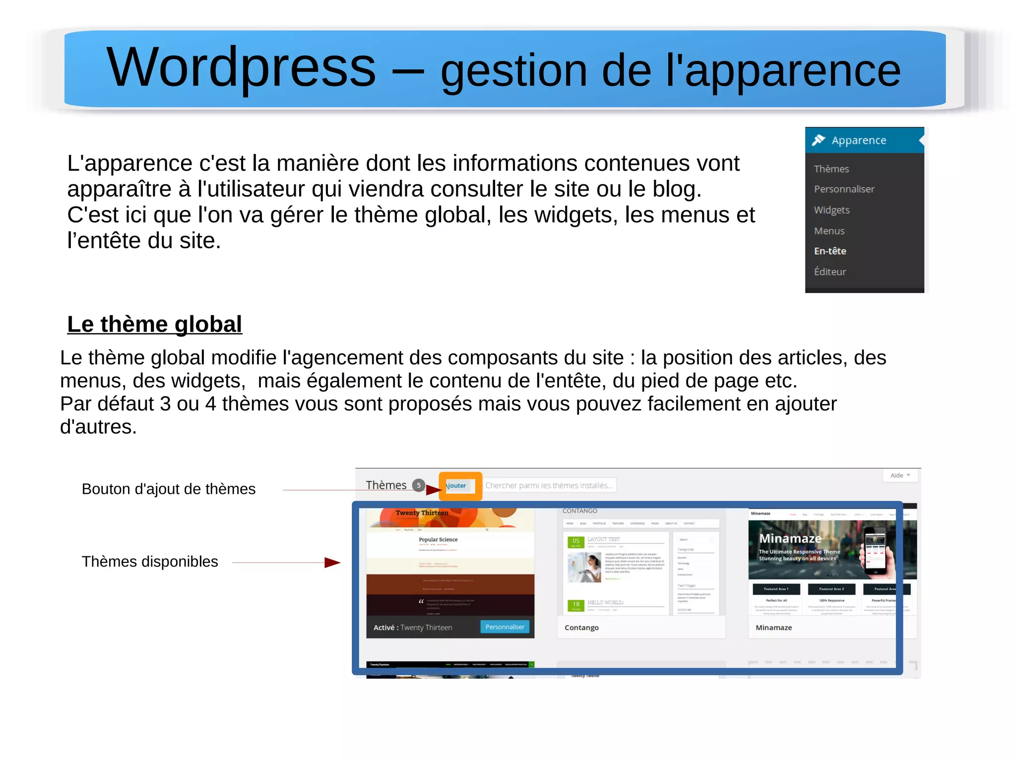 Wordpress – gestion de l'apparence 
L'apparence c'est la manière dont les informations contenues vont 
apparaître à l'utilisateur qui viendra consulter le site ou le blog. 
C'est ici que l'on va gérer le thème global, les widgets, les menus et 
l’entête du site. 
Le thème global 
Le thème global modifie l'agencement des composants du site : la position des articles, des 
menus, des widgets, mais également le contenu de l'entête, du pied de page etc. 
Par défaut 3 ou 4 thèmes vous sont proposés mais vous pouvez facilement en ajouter 
d'autres. 
Bouton d'ajout de thèmes 
Thèmes disponibles 
 