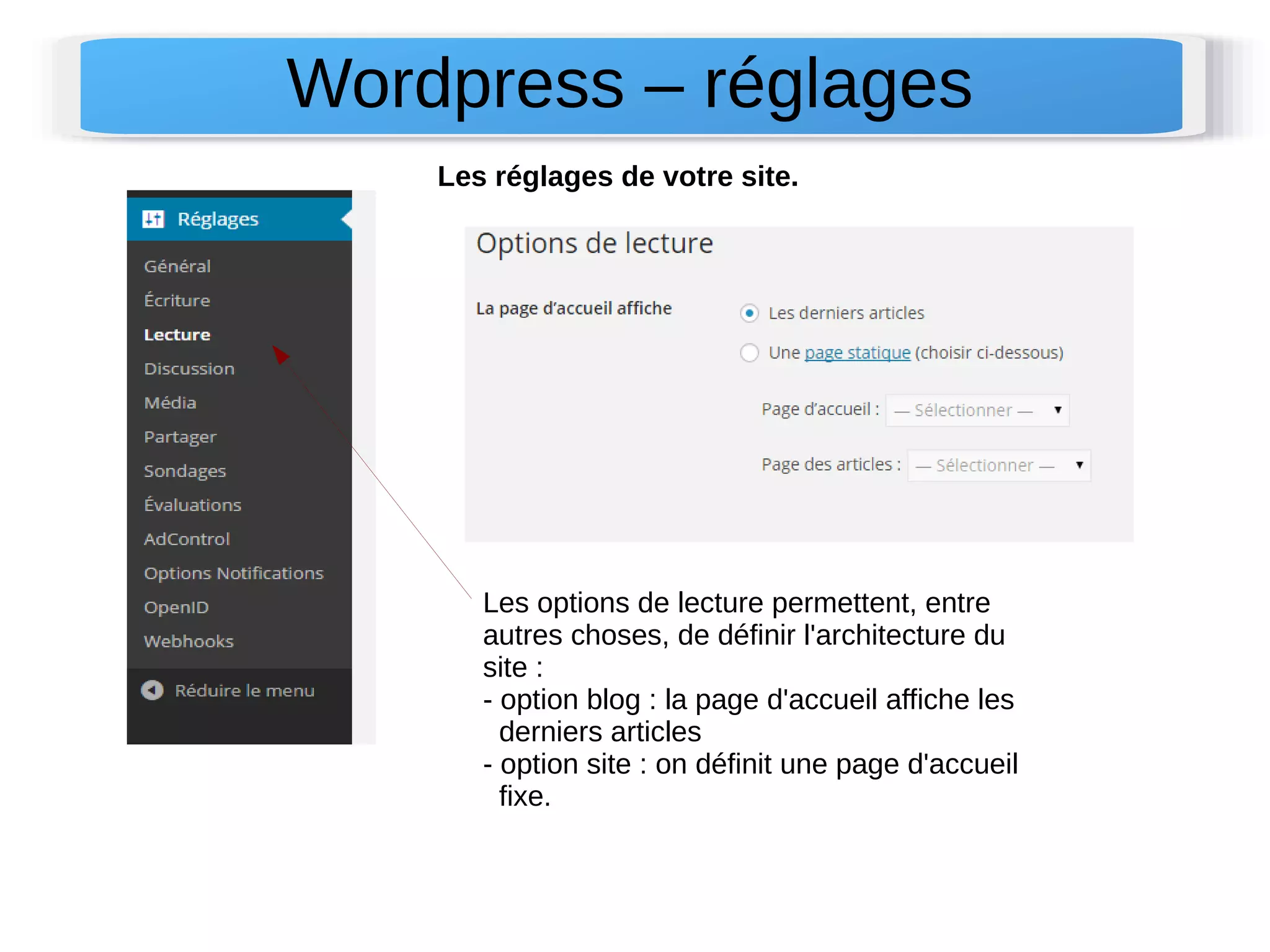 Wordpress – réglages 
Les réglages de votre site. 
Les options de lecture permettent, entre 
autres choses, de définir l'architecture du 
site : 
- option blog : la page d'accueil affiche les 
derniers articles 
- option site : on définit une page d'accueil 
fixe. 
 