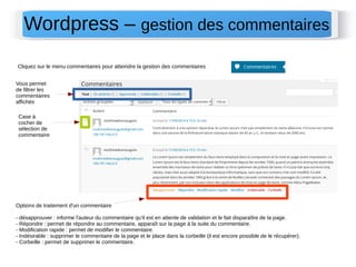 Wordpress – gestion des commentaires 
Cliquez sur le menu commentaires pour atteindre la gestion des commentaires 
Vous permet 
de filtrer les 
commentaires 
affichés 
Case à 
cocher de 
sélection de 
commentaire 
Options de traitement d'un commentaire 
- désapprouver : informe l'auteur du commentaire qu'il est en attente de validation et le fait disparaître de la page. 
- Répondre : permet de répondre au commentaire, apparaît sur la page à la suite du commentaire. 
- Modification rapide : permet de modifier le commentaire. 
- Indésirable : supprimer le commentaire de la page et le place dans la corbeille (il est encore possible de le récupérer). 
- Corbeille : permet de supprimer le commentaire. 
 
