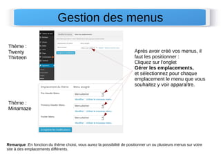 Gestion des menus 
Après avoir créé vos menus, il 
faut les positionner : 
Cliquez sur l'onglet 
Gérer les emplacements, 
et sélectionnez pour chaque 
emplacement le menu que vous 
souhaitez y voir apparaître. 
Thème : 
Twenty 
Thirteen 
Thème : 
Minamaze 
Remarque :En fonction du thème choisi, vous aurez la possibilité de positionner un ou plusieurs menus sur votre 
site à des emplacements différents. 
 