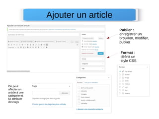 Ajouter un article 
Publier : 
enregistrer un 
brouillon, modifier, 
publier 
Format : 
définit un 
style CSS 
On peut 
affecter un 
article à une 
catégorie et 
lui attribuer 
des tags 
 
