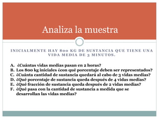 I N I C I A L M E N T E H A Y 8 0 0 K G D E S U S T A N C I A Q U E T I E N E U N A
V I D A M E D I A D E 3 M I N U T O S .
Analiza la muestra
A. ¿Cuántas vidas medias pasan en 2 horas?
B. Los 800 kg iniciales ¿con qué porcentaje deben ser representados?
C. ¿Cuánta cantidad de sustancia quedará al cabo de 3 vidas medias?
D. ¿Qué porcentaje de sustancia queda después de 4 vidas medias?
E. ¿Qué fracción de sustancia queda después de 2 vidas medias?
F. ¿Qué pasa con la cantidad de sustancia a medida que se
desarrollan las vidas medias?