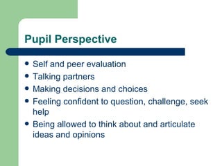 Pupil Perspective Self and peer evaluation Talking partners Making decisions and choices Feeling confident to question, challenge, seek help Being allowed to think about and articulate ideas and opinions 