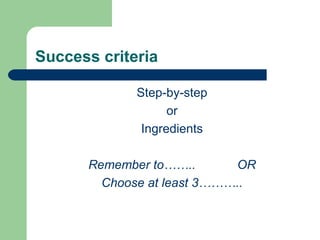Success criteria Step-by-step or Ingredients Remember to……..  OR Choose at least 3……….. 