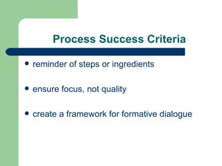 Process Success Criteria reminder of steps or ingredients ensure focus, not quality create a framework for formative dialogue 