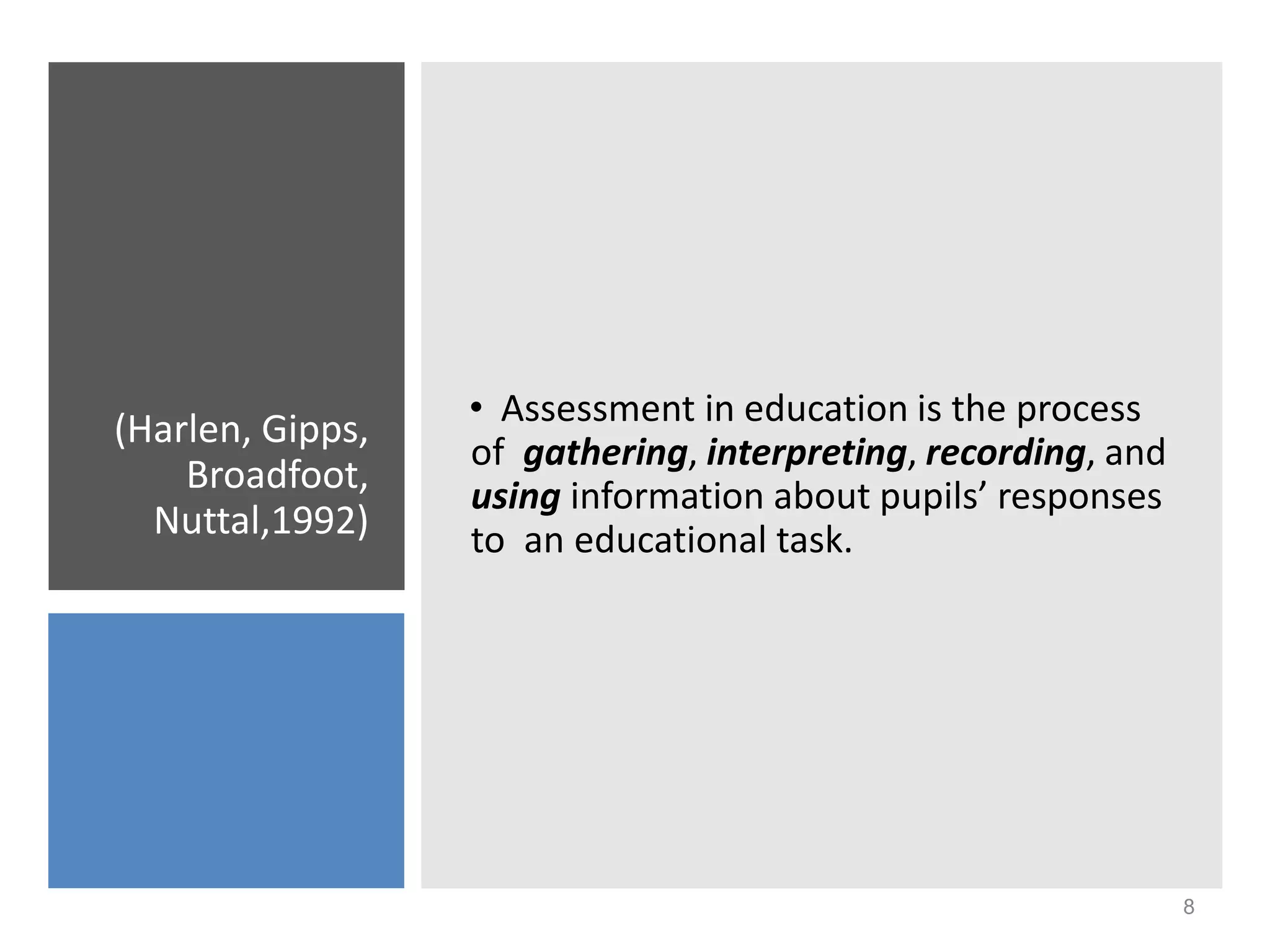 • Assessment in education is the process
of gathering, interpreting, recording, and
using information about pupils’ responses
to an educational task.
(Harlen, Gipps,
Broadfoot,
Nuttal,1992)
8
 