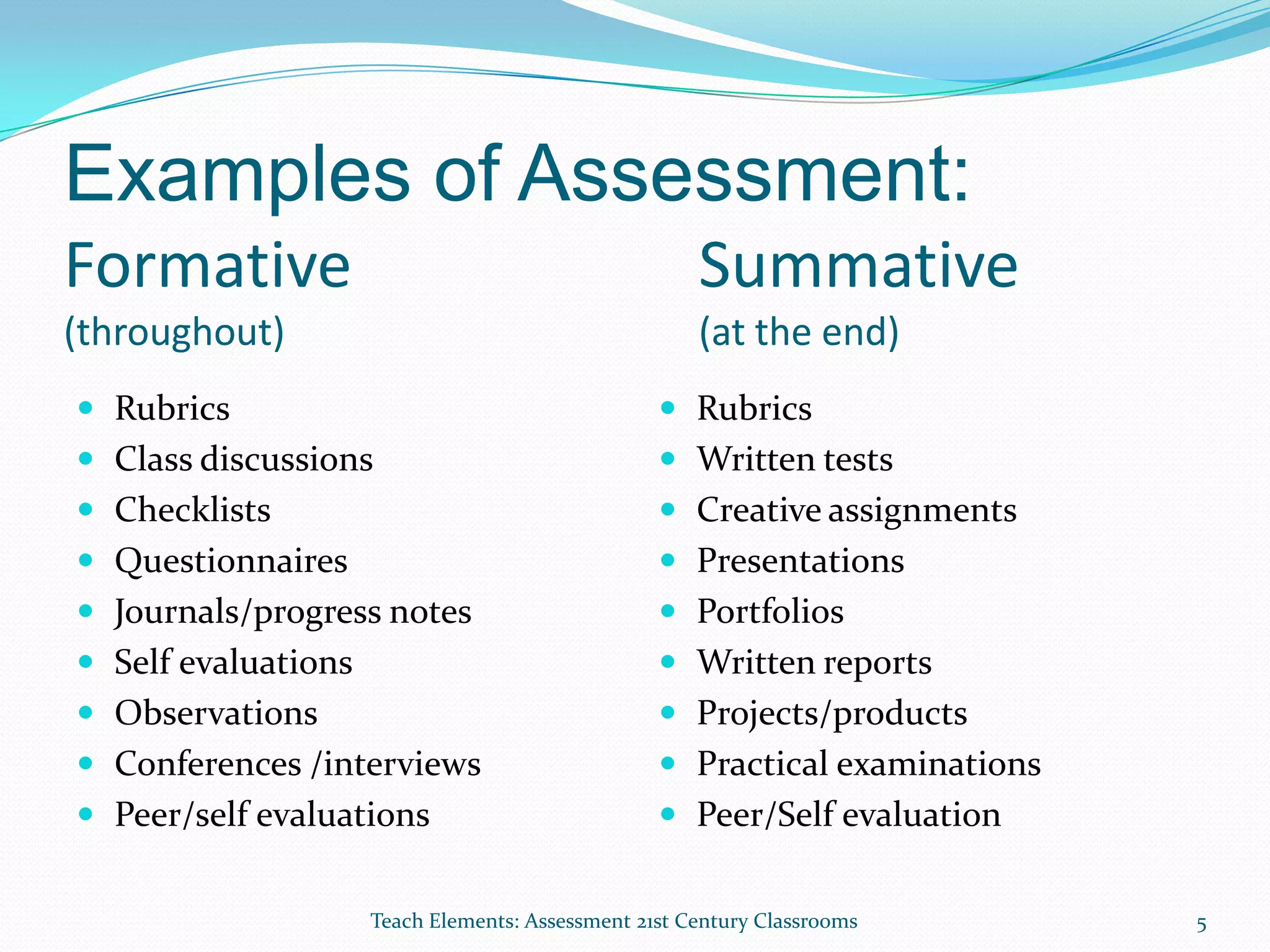 Examples of Assessment:
Formative Summative
(throughout) (at the end)
 Rubrics
 Class discussions
 Checklists
 Questionnaires
 Journals/progress notes
 Self evaluations
 Observations
 Conferences /interviews
 Peer/self evaluations
 Rubrics
 Written tests
 Creative assignments
 Presentations
 Portfolios
 Written reports
 Projects/products
 Practical examinations
 Peer/Self evaluation
Teach Elements: Assessment 21st Century Classrooms 5
 